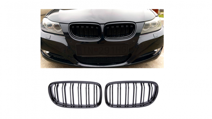 Set 2 grile duble, negru lucios, M Design pentru BMW E90 Facelift [4]