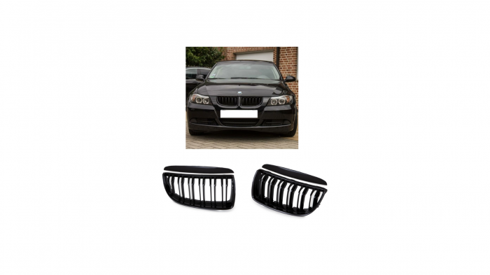 Set 2 grile duble, negru lucios, M Design pentru BMW E90 Nonfacelift [6]