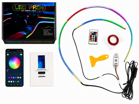 Lumini ambientale - Kit 2 benzi acrilice luminoase auto, 110 cm + 35 cm, efect curcubeu, alimentare USB, pentru bord