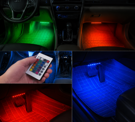 Kit 4 benzi LED picioare RGB auto, 12 LED/banda, telecomanda [1]