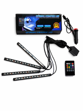 Kit 4 benzi LED picioare RGB auto, 12 LED/banda, telecomanda