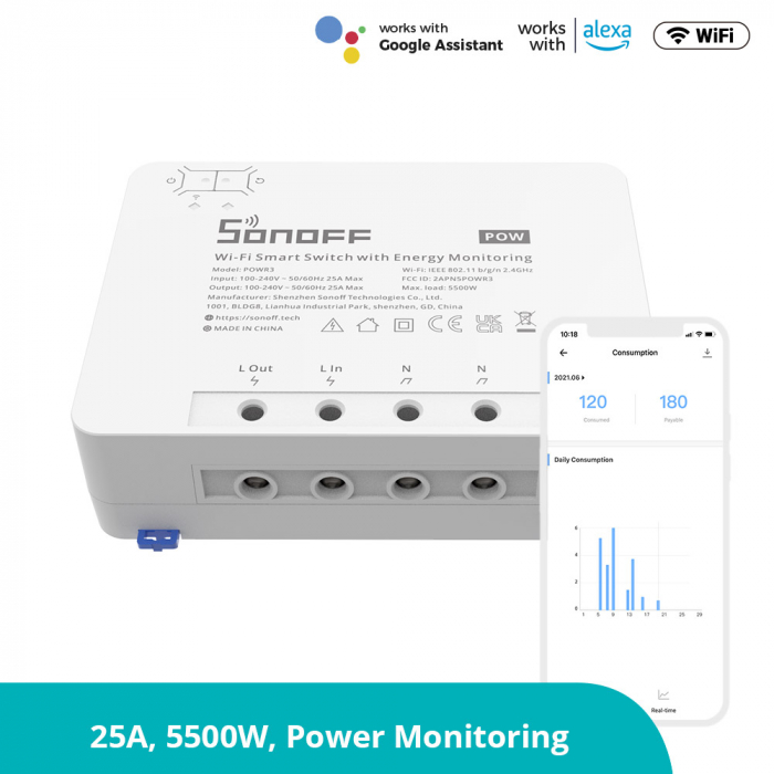 Sonoff POW R3 - releu smart 1 canal WiFi, cu monitorizare consum, 25A [1]