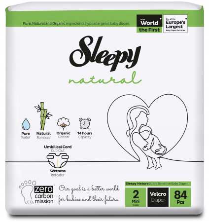 Scutece Sleepy Natural Ultra Sensitive Double Marime 2 Mini , 3-6kg, 84 bucati