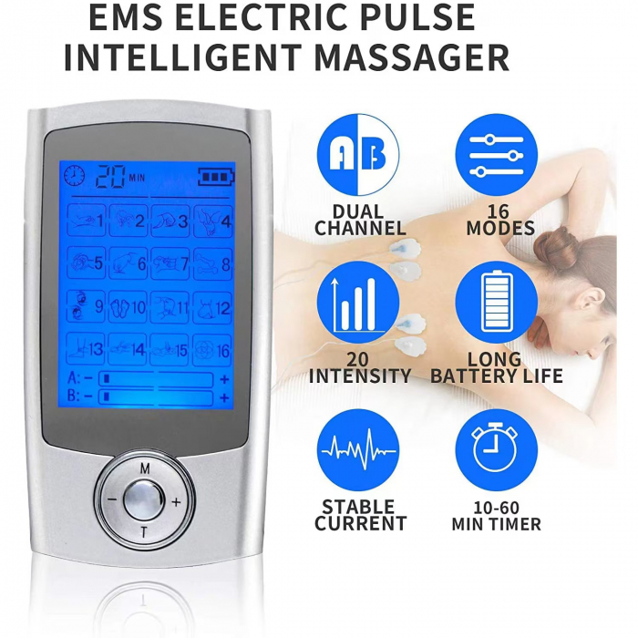 Aparat de masaj electrostimulator eficient TENS fizioterapie cu 6 electrozi, 16 programe de masaj, pentru ameliorarea durerii, gri [10]