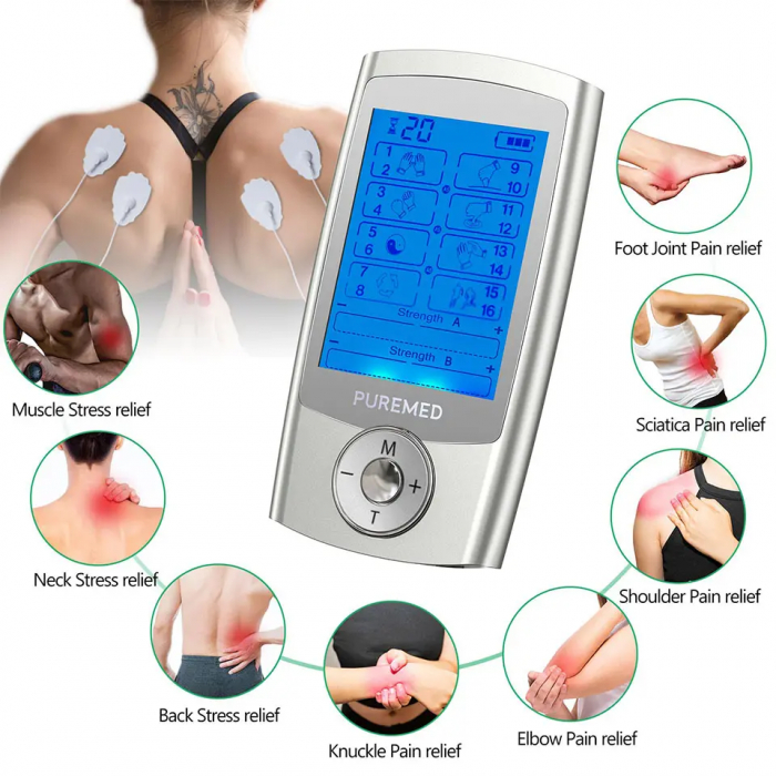 Aparat de masaj electrostimulator eficient TENS fizioterapie cu 6 electrozi, 16 programe de masaj, pentru ameliorarea durerii, gri [5]