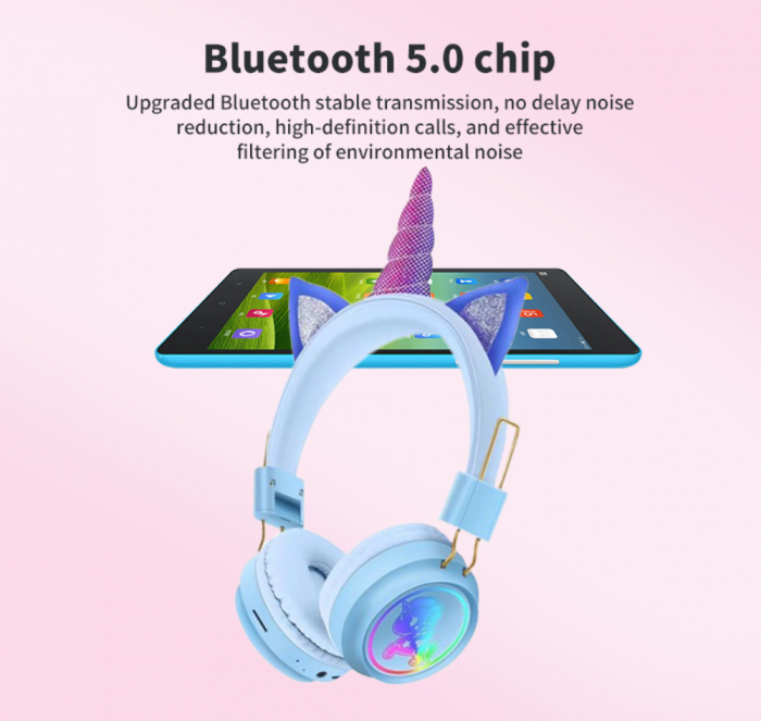 Casti copii Unicorn Bluetooth cu led si protectie urechi, universale, Baby Blue [3]