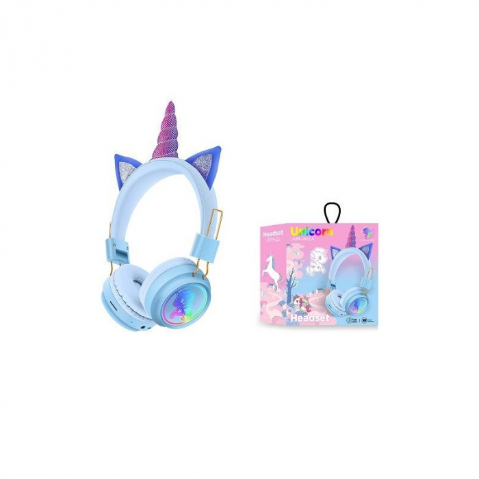 Casti copii Unicorn Bluetooth cu led si protectie urechi, universale, Baby Blue [2]