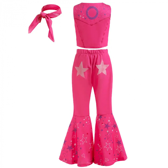 Costum Barbie fete cowgirl cu pantaloni vesta esarfa si cercei cu stelute, roz [4]