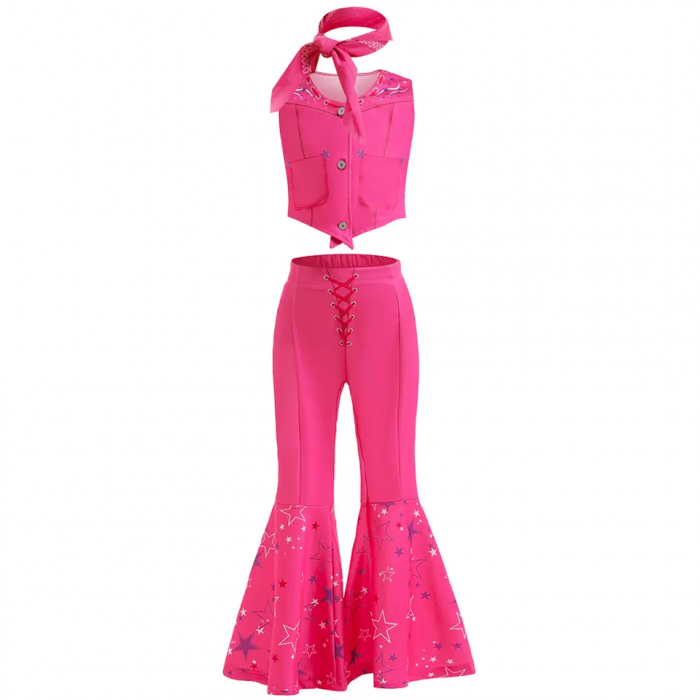 Costum Barbie fete cowgirl cu pantaloni vesta esarfa si cercei cu stelute, roz [3]