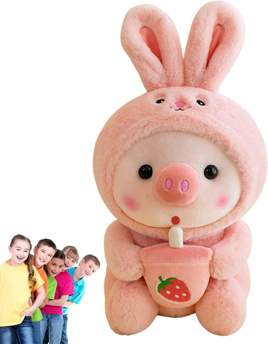 Porcusor deghizat in iepuras cu boba tea de plus pentru copii, 25 cm, roz [2]