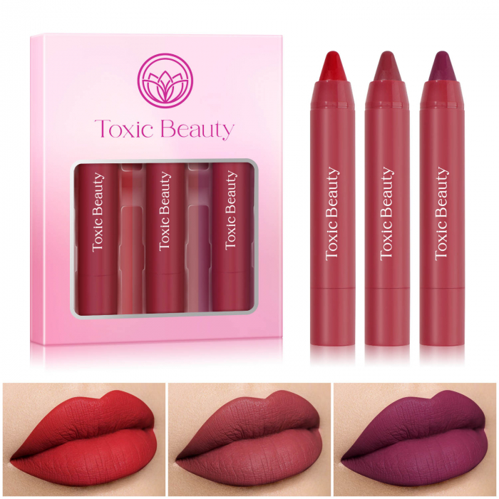 Set 3 rujuri mate tip creion Vegan cu miros de fructe si vitamine pentru hidratare, Red Mix [3]