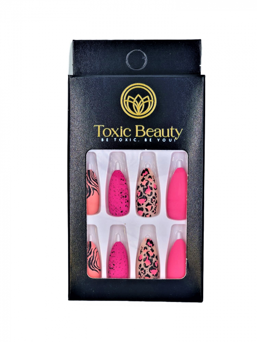 Set unghii false autoadezive tip press-on 24 de bucati animal print, Electric Pink [5]