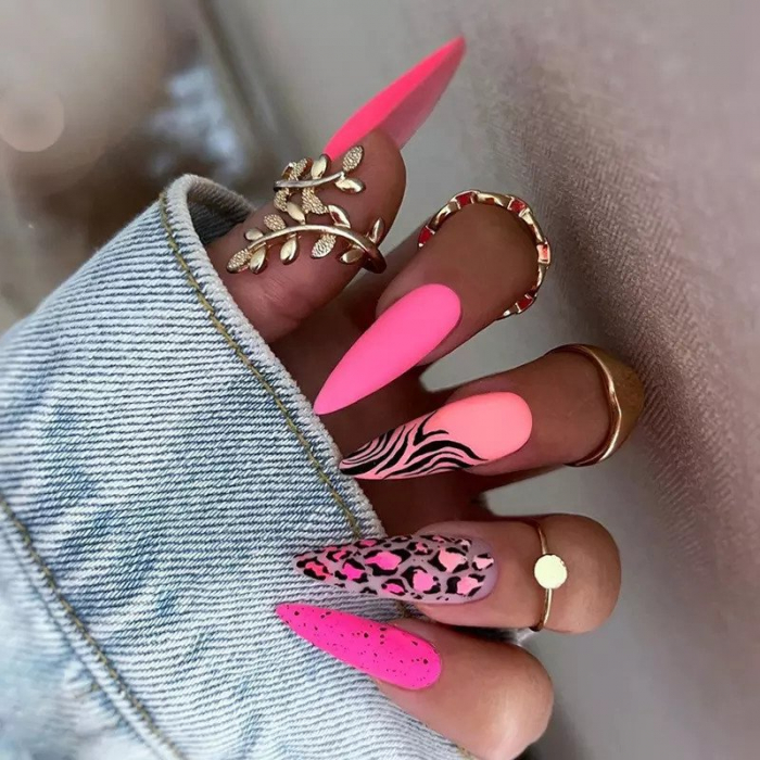 Set unghii false autoadezive tip press-on 24 de bucati animal print, Electric Pink [2]