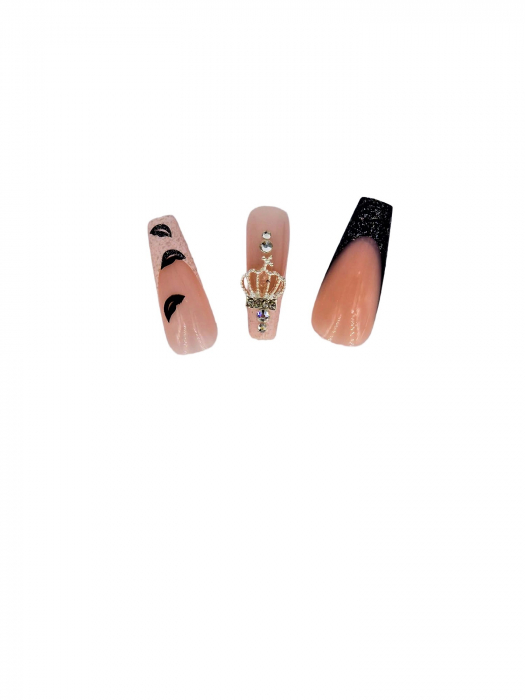 Set unghii false autoadezive tip press-on 24 de bucati coroana cu sclipici, negru [3]