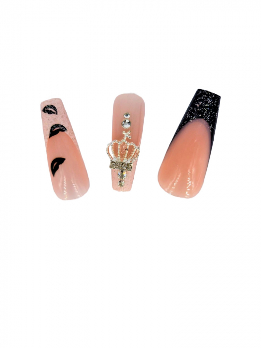 Set unghii false autoadezive tip press-on 24 de bucati coroana cu sclipici, negru [4]