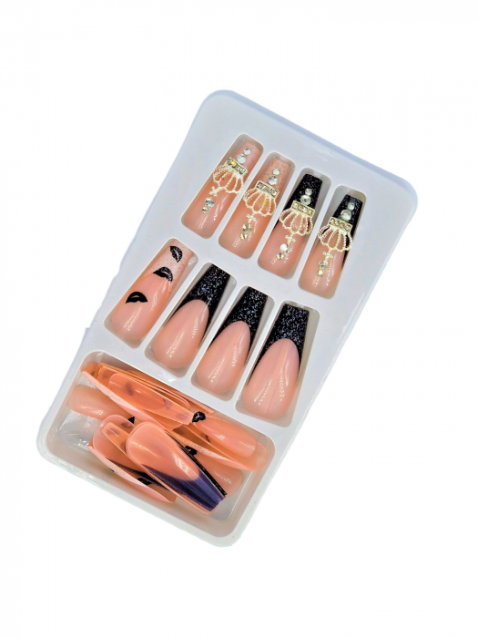 Set unghii false autoadezive tip press-on 24 de bucati coroana cu sclipici, negru [5]