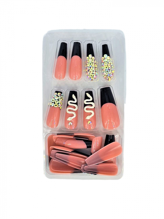 Set unghii false autoadezive tip press-on 24 de bucati cu model sarpe si strasuri stralucitoare sclipici, Negru [2]