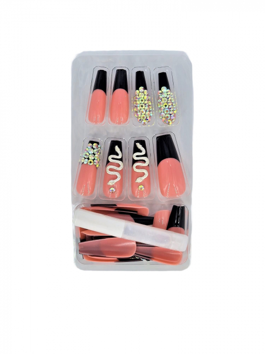 Set unghii false autoadezive tip press-on 24 de bucati cu model sarpe si strasuri stralucitoare sclipici, Negru [5]