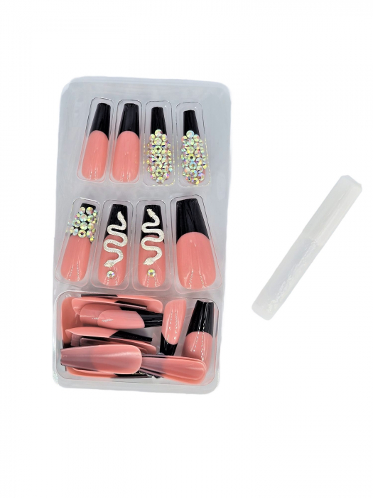 Set unghii false autoadezive tip press-on 24 de bucati cu model sarpe si strasuri stralucitoare sclipici, Negru [4]