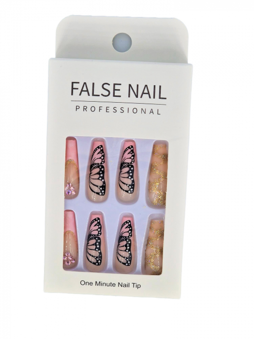 Set unghii false autoadezive tip press-on 24 de bucati cu strasuri si fluturi, roz [9]