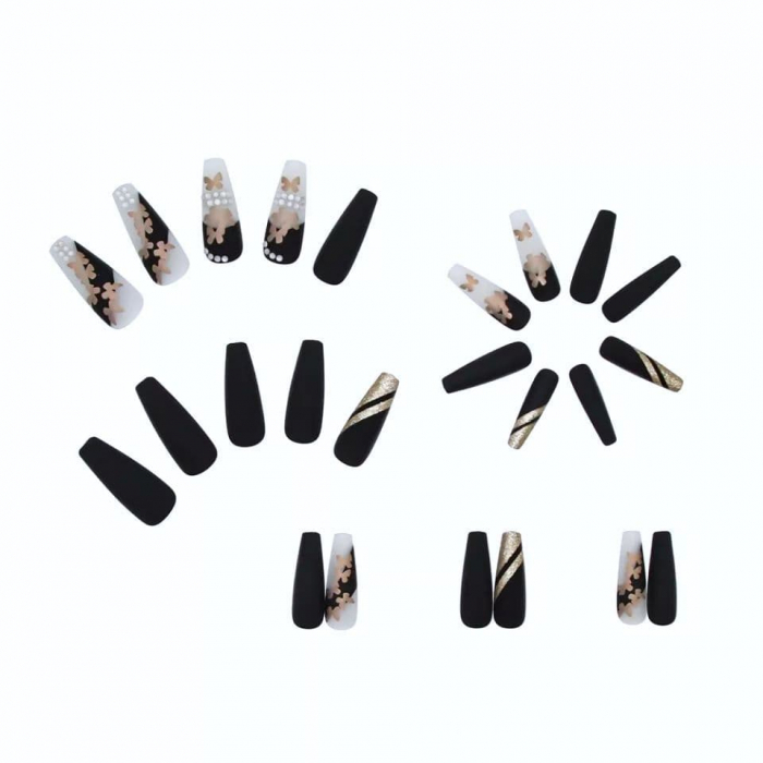 Set unghii false autoadezive tip press-on 24 de bucati fluturi gold si strasuri stralucitoare, Butterfly [5]