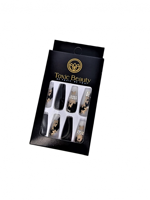Set unghii false autoadezive tip press-on 24 de bucati fluturi gold si strasuri stralucitoare, Butterfly [6]