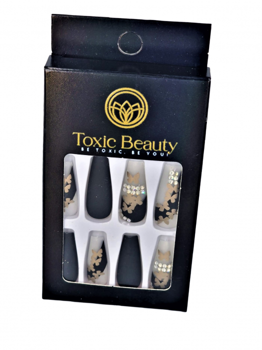 Set unghii false autoadezive tip press-on 24 de bucati fluturi gold si strasuri stralucitoare, Butterfly [4]