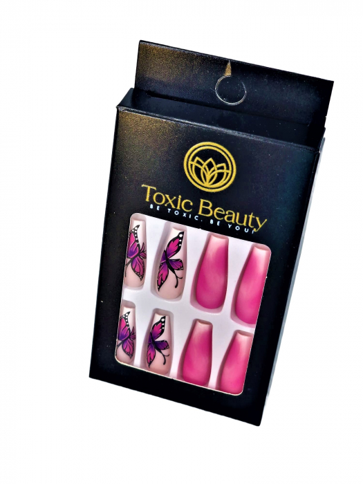 Set unghii false autoadezive tip press-on 24 de bucati fluturi roz si white ombre, Fluturi [5]