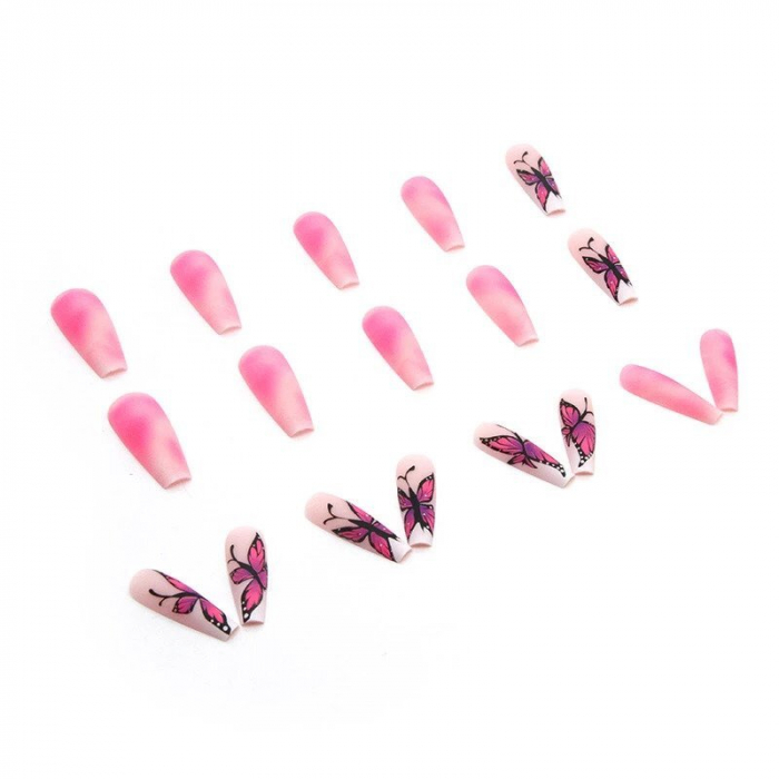 Set unghii false autoadezive tip press-on 24 de bucati fluturi roz si white ombre, Fluturi [4]