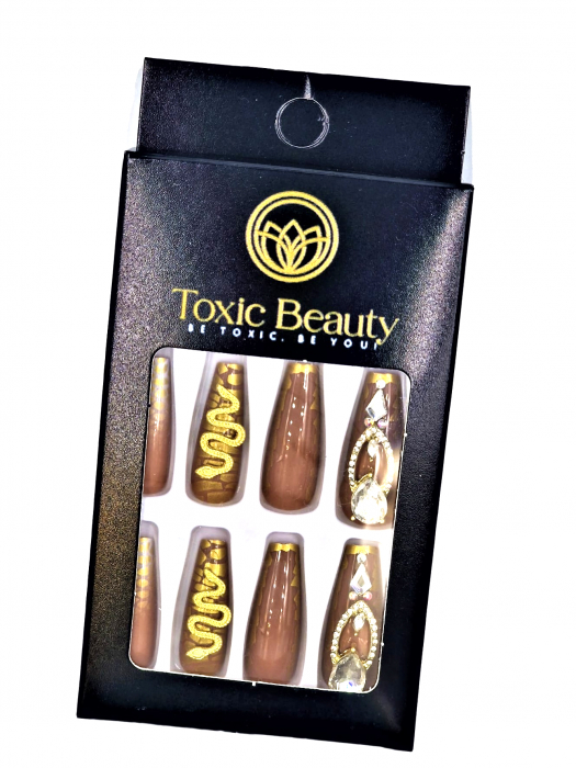 Set unghii false autoadezive tip press-on 24 de bucati golden snake cu pietre stralucitoare, Golden Copper [3]