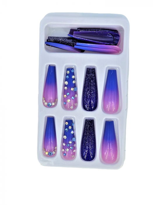 Set unghii false autoadezive tip press-on 24 de bucati ombre cu strasuri, albastru [2]