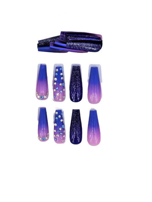 Set unghii false autoadezive tip press-on 24 de bucati ombre cu strasuri, albastru [3]