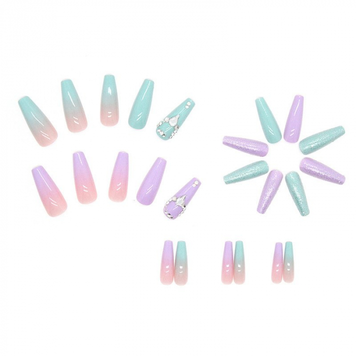Set unghii false autoadezive tip press-on 24 de bucati pink-blue ombre si strasuri stralucitoare sclipici, roz [2]