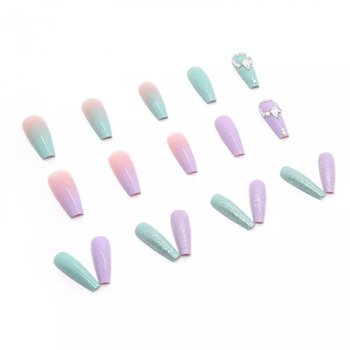 Set unghii false autoadezive tip press-on 24 de bucati pink-blue ombre si strasuri stralucitoare sclipici, roz [3]