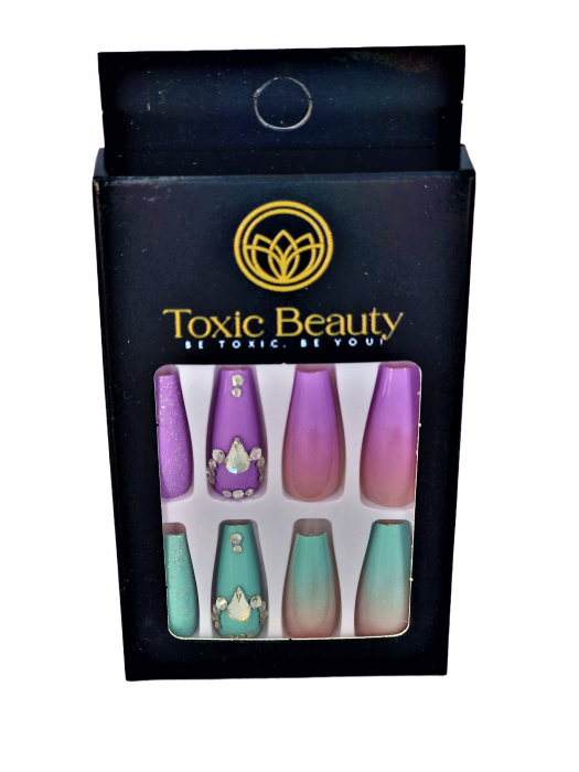 Set unghii false autoadezive tip press-on 24 de bucati pink-blue ombre si strasuri stralucitoare sclipici, roz [6]