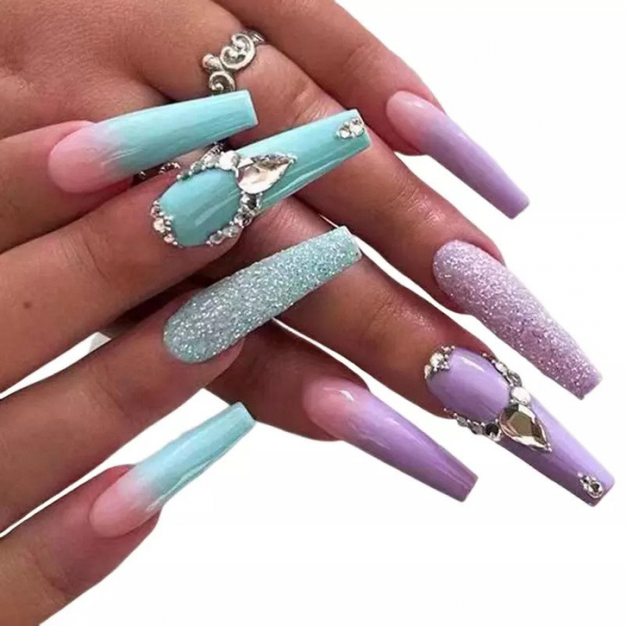 Set unghii false autoadezive tip press-on 24 de bucati pink-blue ombre si strasuri stralucitoare sclipici, roz [4]