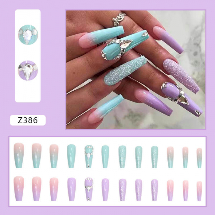 Set unghii false autoadezive tip press-on 24 de bucati pink-blue ombre si strasuri stralucitoare sclipici, roz [5]