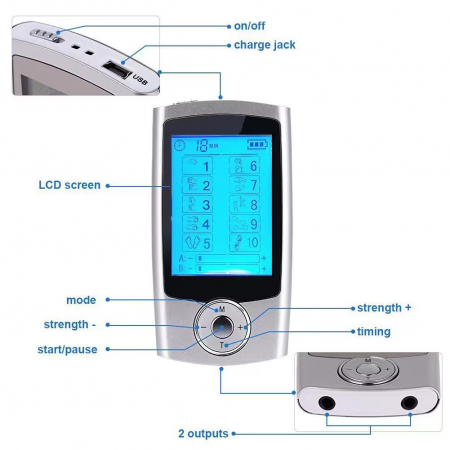 Aparat de masaj electrostimulator eficient TENS fizioterapie cu 6 electrozi, 16 programe de masaj, pentru ameliorarea durerii, gri [6]