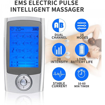 Aparat de masaj electrostimulator eficient TENS fizioterapie cu 6 electrozi, 16 programe de masaj, pentru ameliorarea durerii, gri [9]
