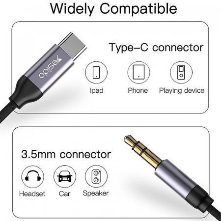Cablu Adaptor Auxiliar audio Type-C la Jack 3.5mm Yesido YAU20, negru [2]