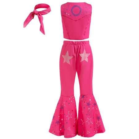Costum Barbie fete cowgirl cu pantaloni vesta esarfa si cercei cu stelute, roz [3]