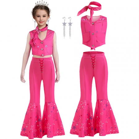 Costum Barbie fete cowgirl cu pantaloni vesta esarfa si cercei cu stelute, roz [1]