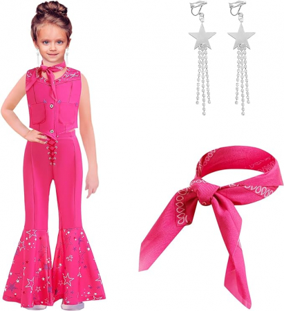 Costum Barbie fete cowgirl cu pantaloni vesta esarfa si cercei cu stelute, roz [0]