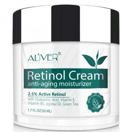 Masti pentru ten si gomaje - Crema de zi si noapte Aliver Retinol pentru fata, gat si decolteu cu 2,5% retinol activ + acid hialuronic, aloe si ceai verde, 50 ml