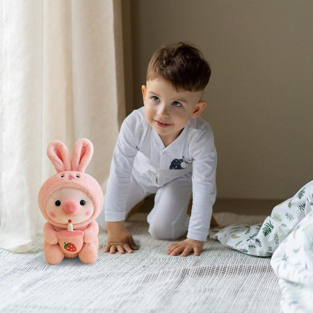 Porcusor deghizat in iepuras cu boba tea de plus pentru copii, 25 cm, roz [3]