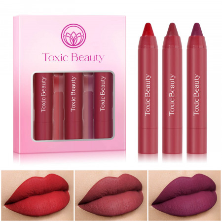 Set 3 rujuri mate tip creion Vegan cu miros de fructe si vitamine pentru hidratare, Red Mix [2]
