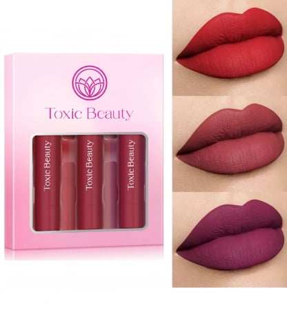 Set 3 rujuri mate tip creion Vegan cu miros de fructe si vitamine pentru hidratare, Red Mix