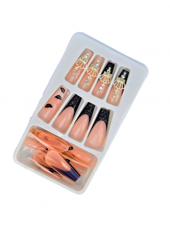 Set unghii false autoadezive tip press-on 24 de bucati coroana cu sclipici, negru [4]