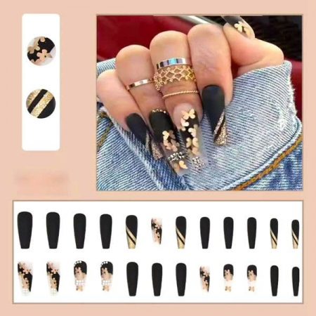 Set unghii false autoadezive tip press-on 24 de bucati fluturi gold si strasuri stralucitoare, Butterfly [2]