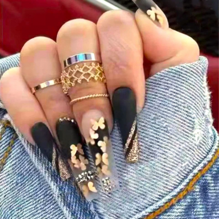 Set unghii false autoadezive tip press-on 24 de bucati fluturi gold si strasuri stralucitoare, Butterfly [1]
